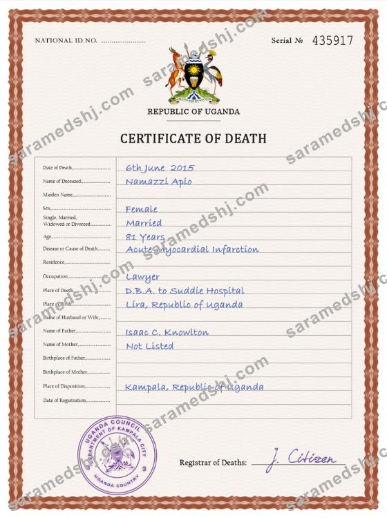 Uganda vital record death certificate PSD template